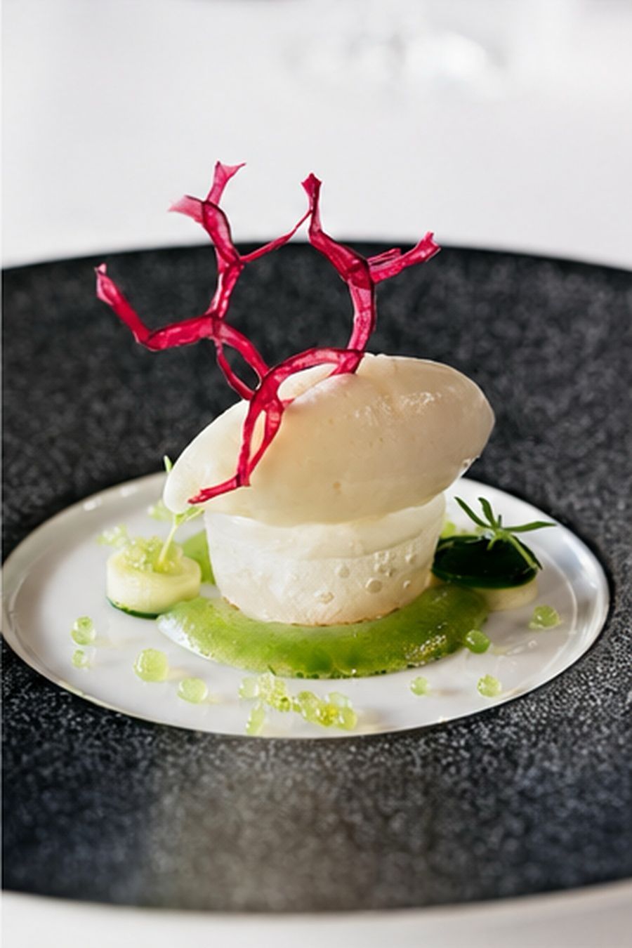 Elegantes Dessert auf einem dunklen Teller, garniert mit einer weißen Nocke und rotem Zucker, dazu grüne Sauce.