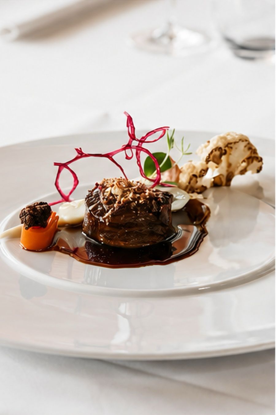 Ein angerichtetes Schokoladendessert mit roter Garnitur und Sahne auf einer weißen Tischdecke