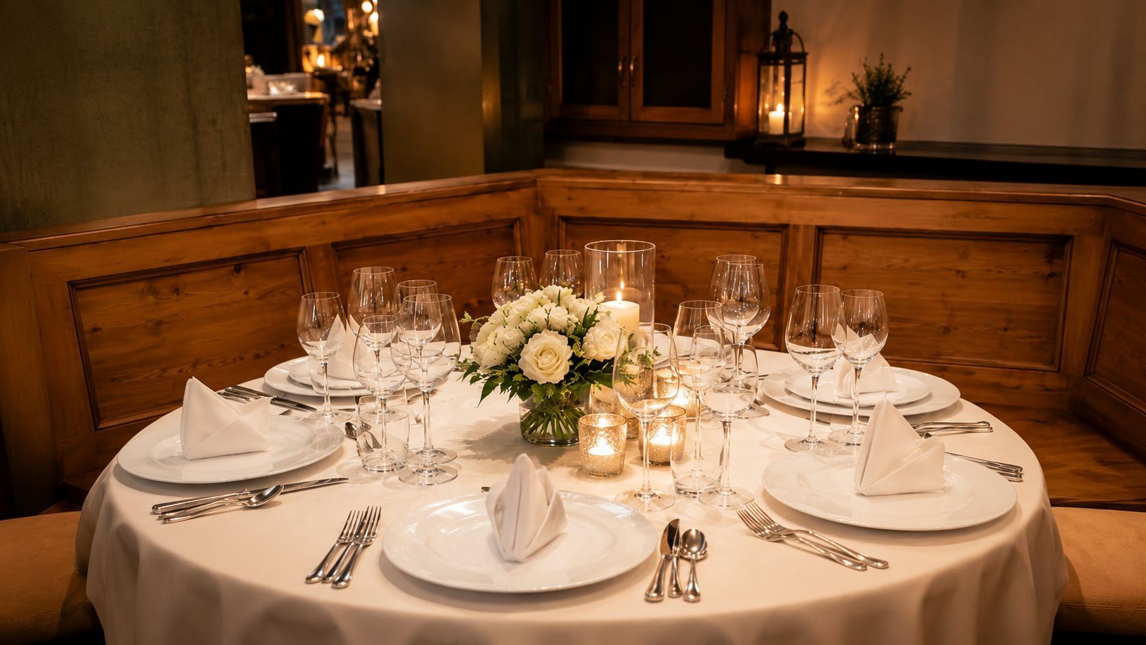 Elegant gedeckter Esstisch im Kerzenschein mit weißer Tischwäsche, Blumen und Gläsern in einer holzgetäfelten Nische