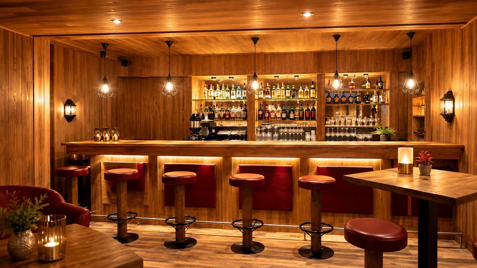 Gemütliche Bar mit Holzvertäfelung, roten Barhockern, Hängelampen und Flaschenregalen hinter der Theke.