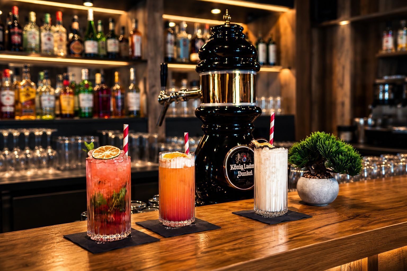 Drei farbenfrohe Cocktails auf einer Holzbar in einer warm beleuchteten Lounge