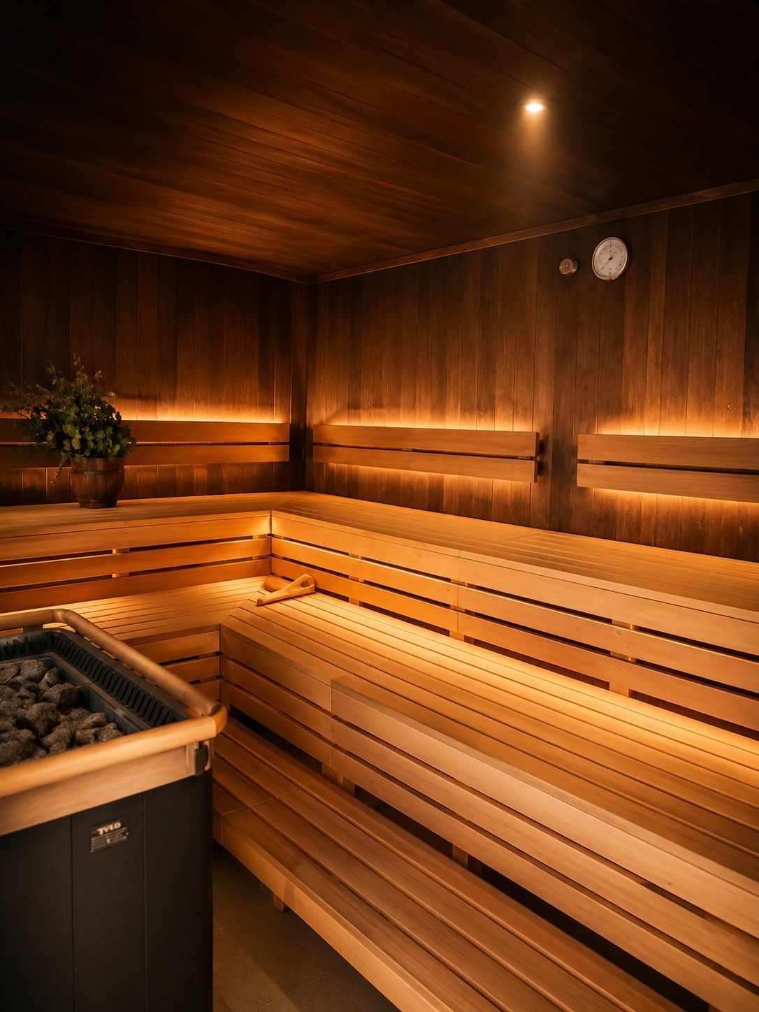 Gemütliches Saunainterieur aus Holz mit Sitzbänken und einer kleinen Pflanze, beleuchtet von sanftem bernsteinfarbenem Licht.