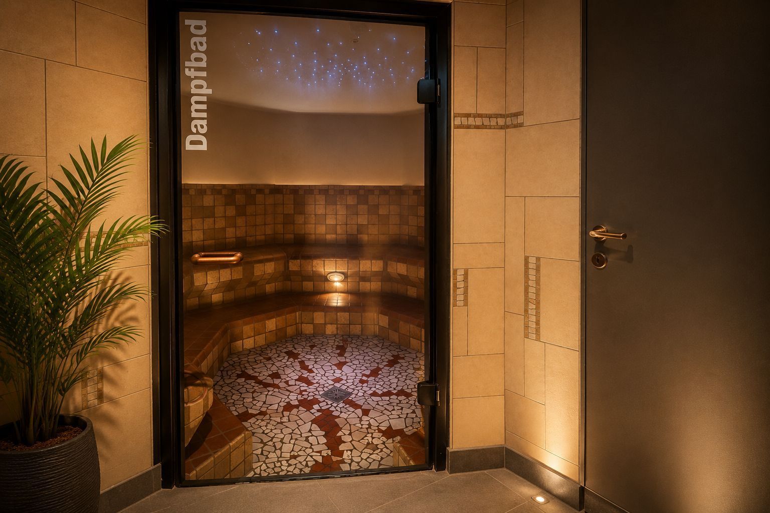 Offene Tür zu einem beleuchteten Innenpool oder Spa mit Spiegelungen und warmen Steinwänden