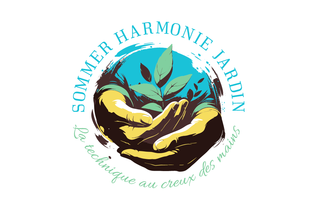 Un logo pour Sommer Harmonie Jardin montre deux mains tenant une plante