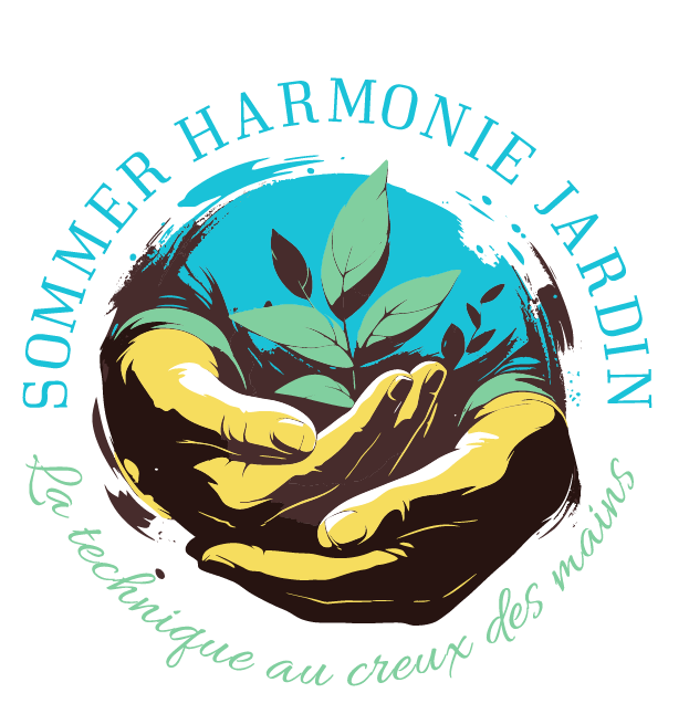 Un logo pour Sommer Harmonie Jardin montre deux mains tenant une plante