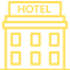 Un dibujo lineal amarillo de un edificio de hotel con cuadrados en él.