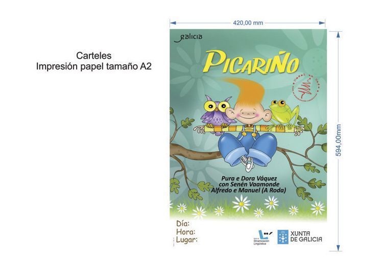 Un cartel con un niño sentado en la rama de un árbol con dos búhos.