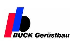 Ein blau-rot-schwarzes Logo für Buck Gerüstbau auf weißem Hintergrund.