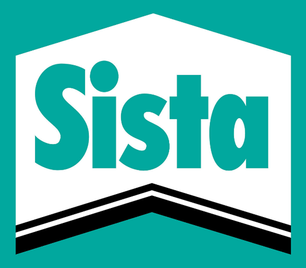 ein blau-weißes Logo für Sista mit einem nach oben zeigenden Pfeil