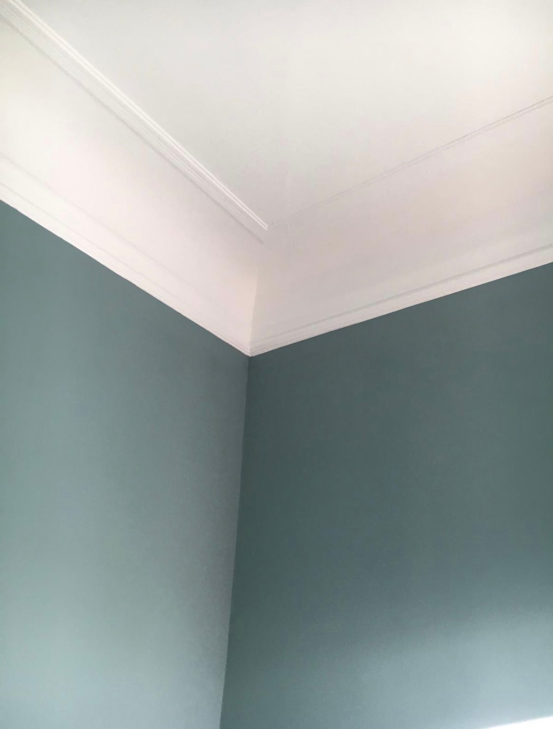 eine Ecke eines Raumes mit blauen Wänden und weißen Verzierungen