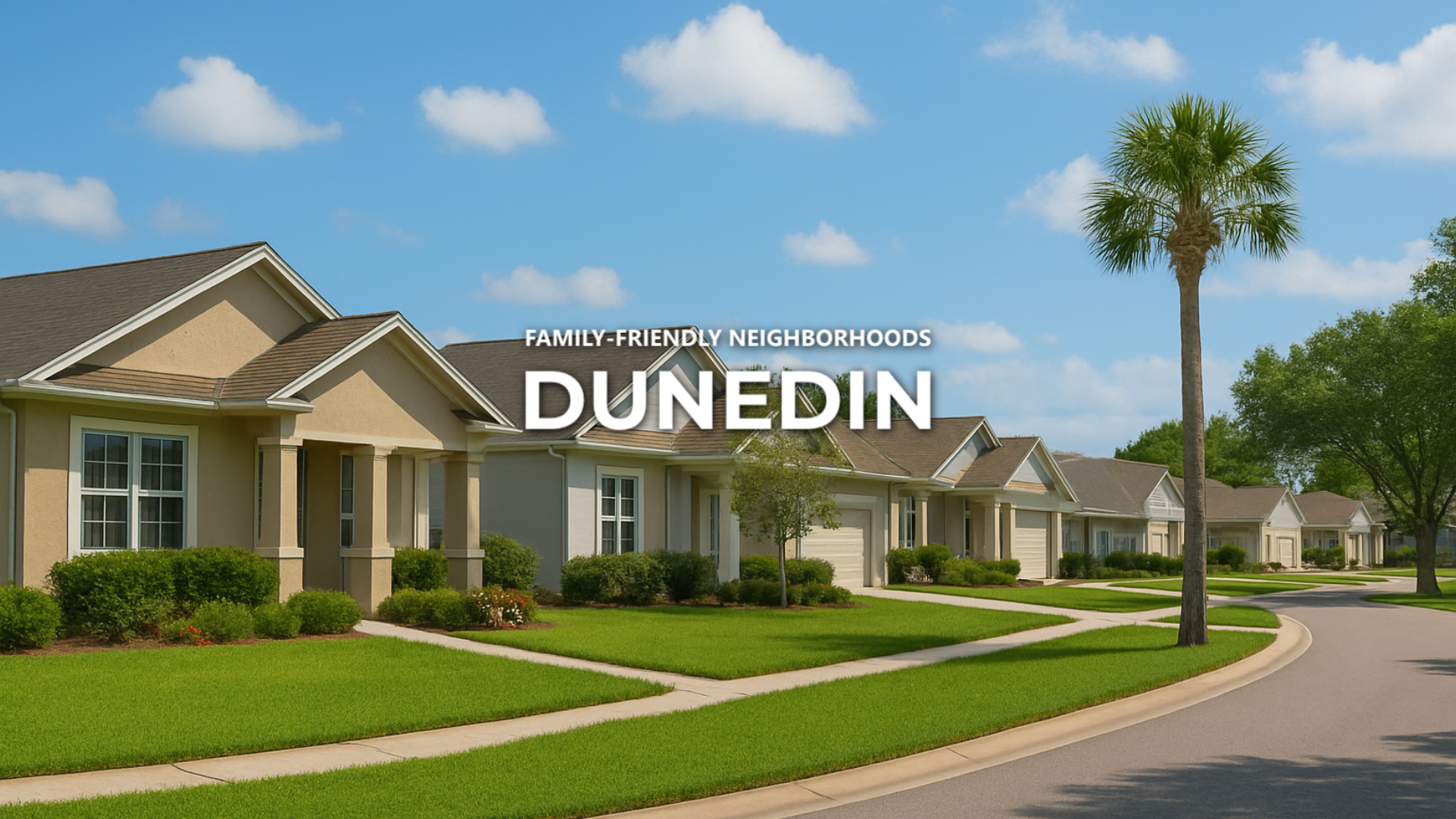 Row of beige houses on a sunny street in Dunedin, Florida, with green lawns and a palm tree.