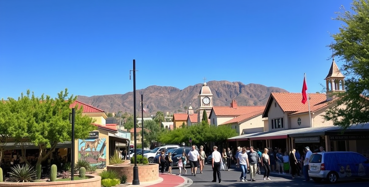 Street scene with people, shops, clock tower, and mountain backdrop under a blue sky.