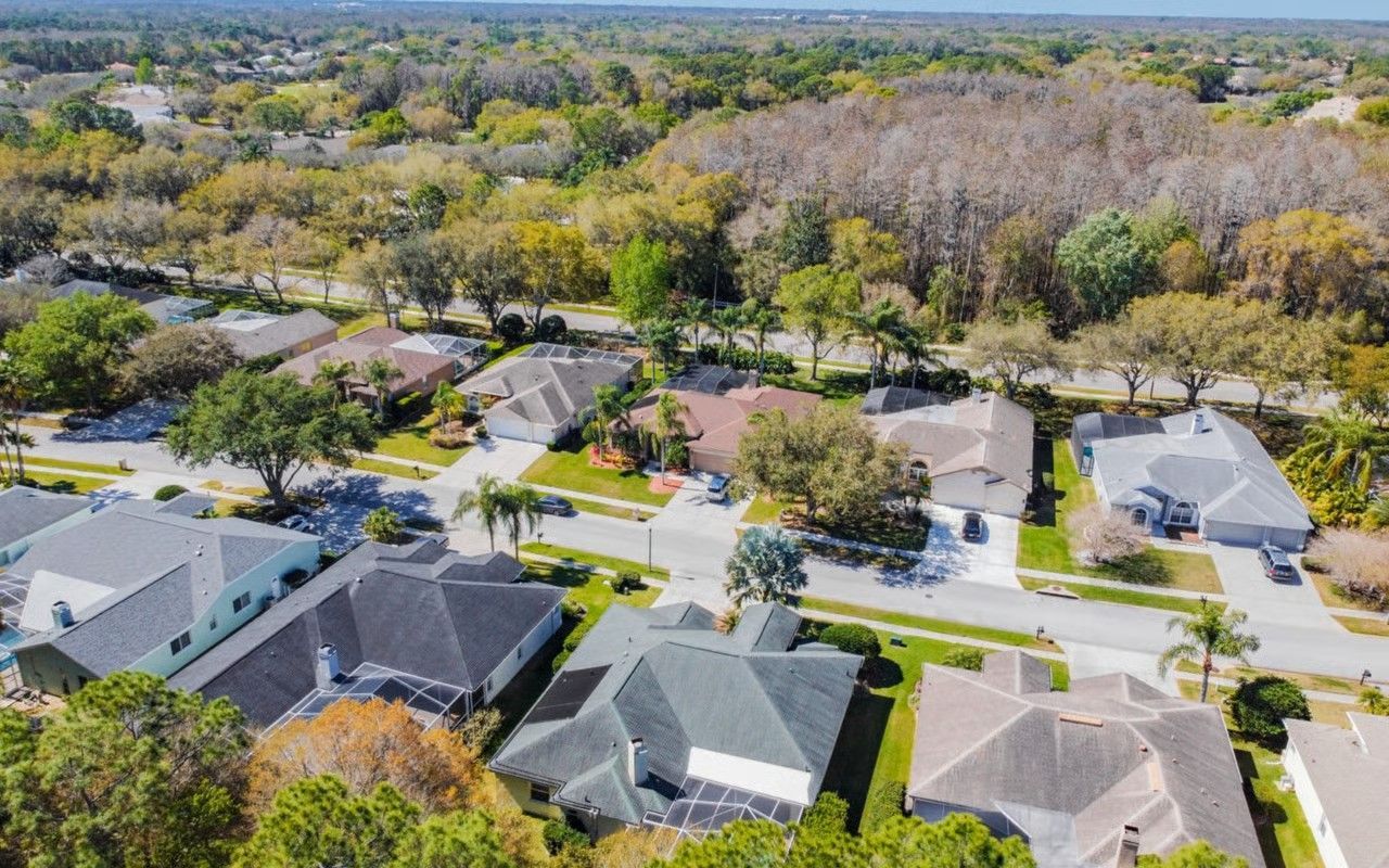 Aerial view of suburban houses with green lawns and trees on a sunny day.