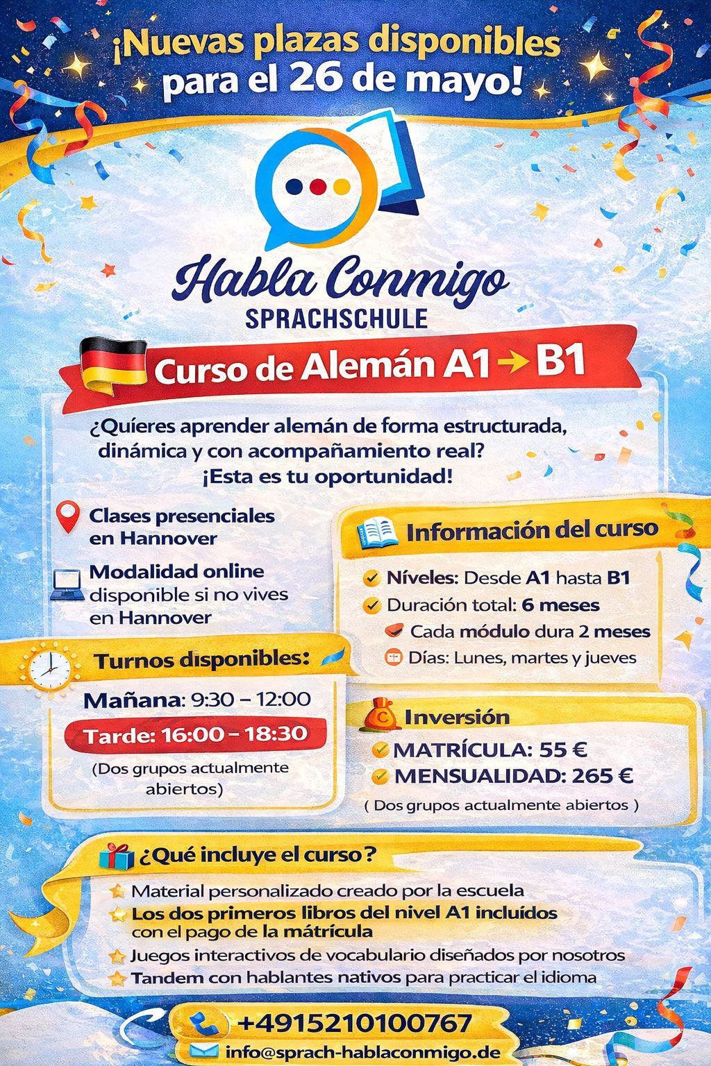 Blaues und oranges Plakat von Habla Conmigo mit Ankündigung des Deutschkurses A1-B1 und Stundenplan.