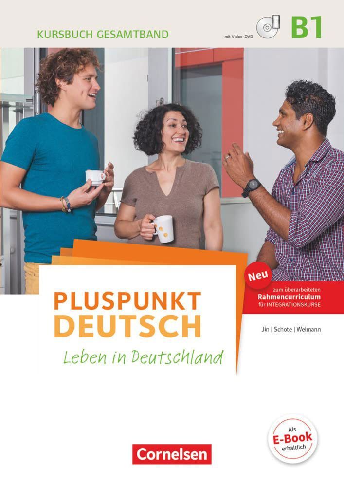 Titelbild des deutschen Lehrbuchs „Pluspunkt Deutsch“ mit drei Personen, die an einem Restauranttisch miteinander sprechen.