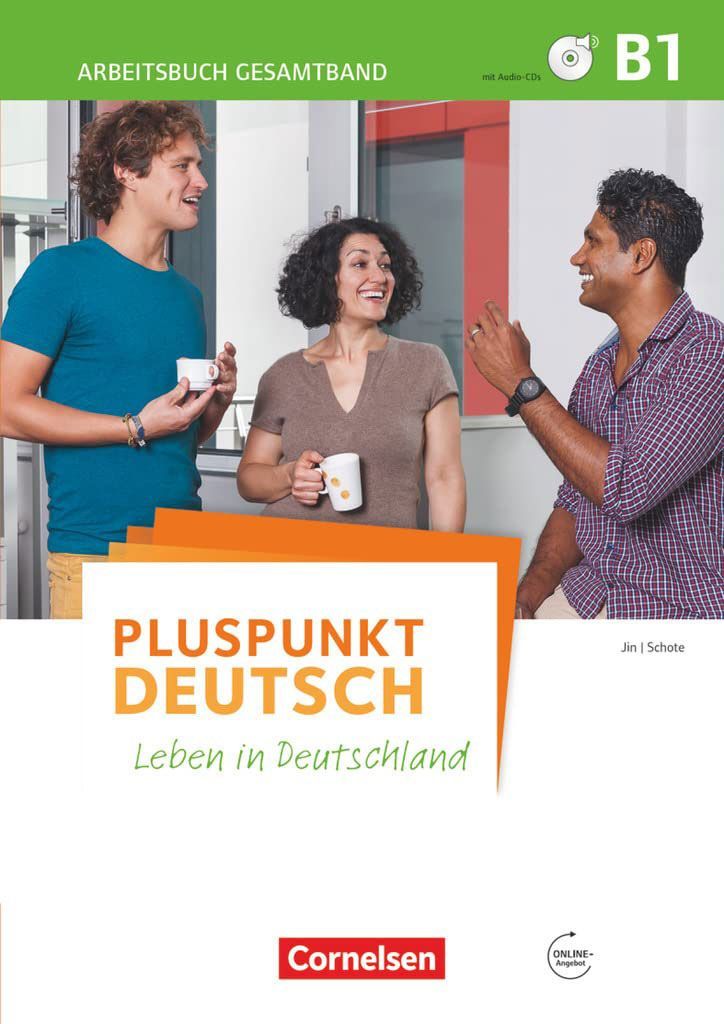 Titelbild des deutschen Lehrbuchs „Pluspunkt Deutsch“ mit drei Personen, die an einem Restauranttisch miteinander sprechen.
