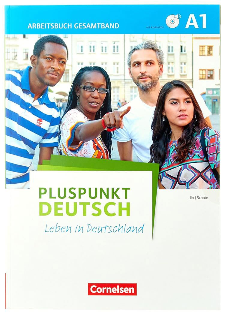 Titelbild des deutschen Lehrbuchs „Pluspunkt Deutsch“ mit drei Personen, die an einem Restauranttisch miteinander sprechen.