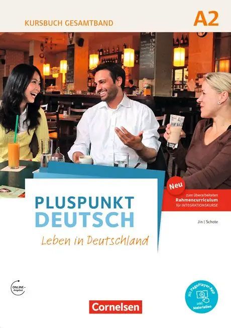 Titelbild des deutschen Lehrbuchs „Pluspunkt Deutsch“ mit drei Personen, die an einem Restauranttisch miteinander sprechen.