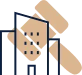 Un icono de un edificio con un martillo al lado.