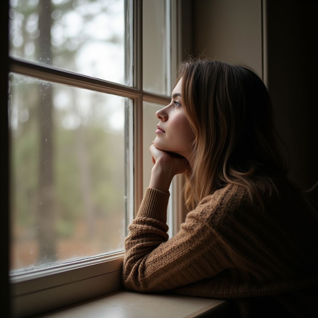 Frau schaut aus dem Fenster und stützt ihr Kinn auf ihre Hand. Sie trägt einen braunen Pullover, draußen ist ein Wald.
