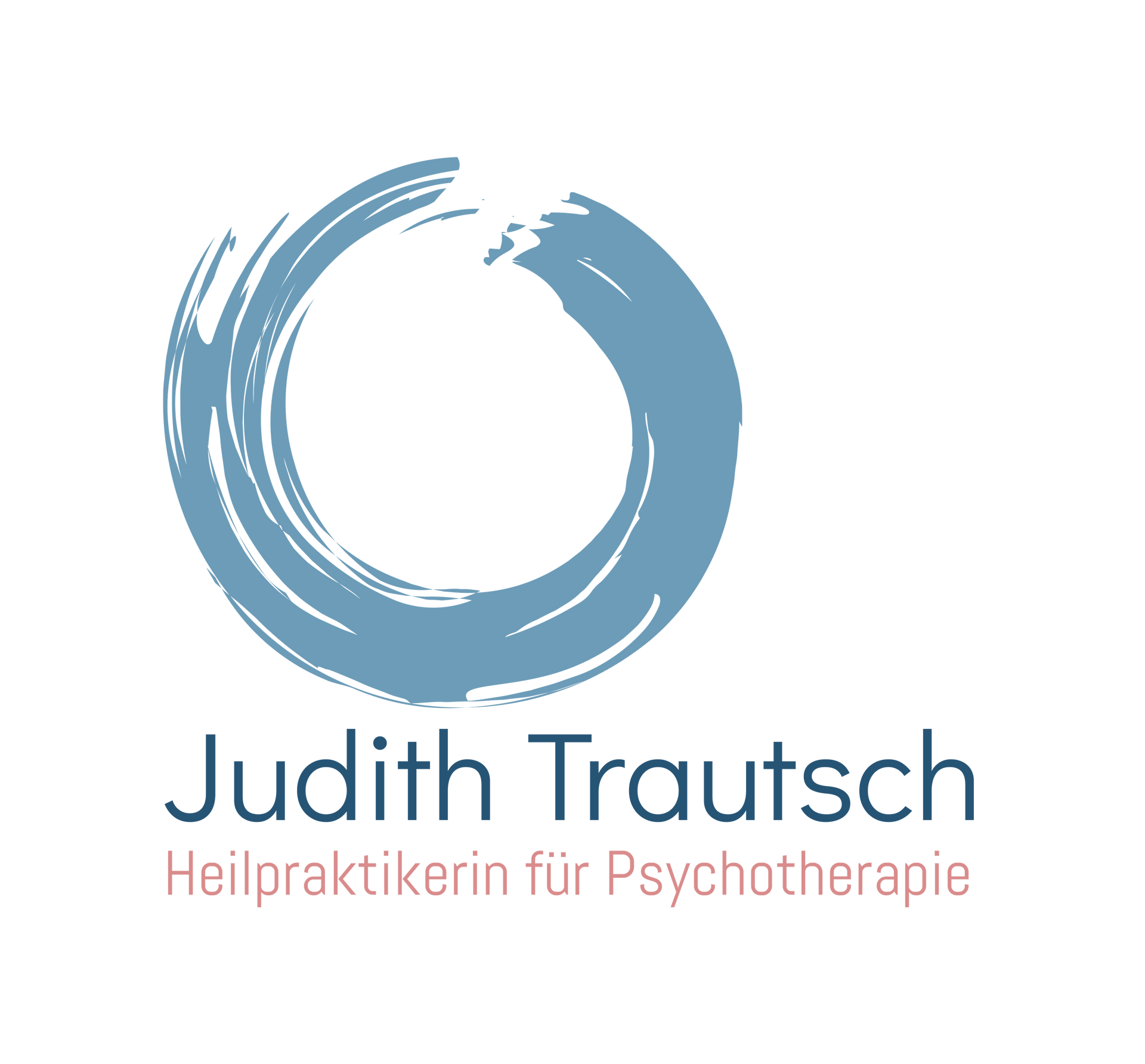 Blue brushstroke circle logo with text: Judith Trautsch, Heilpraktikerin für Psychotherapie.