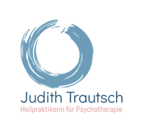 Blue brushstroke circle logo with text: Judith Trautsch, Heilpraktikerin für Psychotherapie.