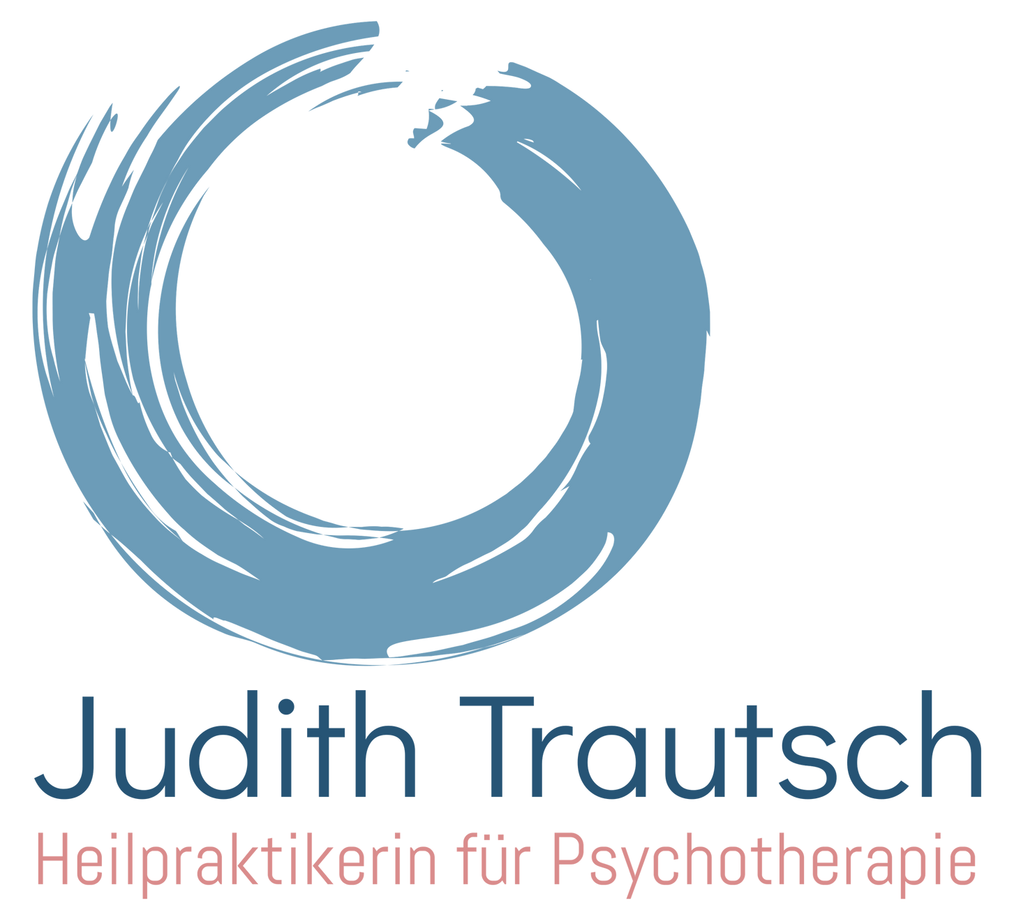 Logo with blue circular brushstroke and text