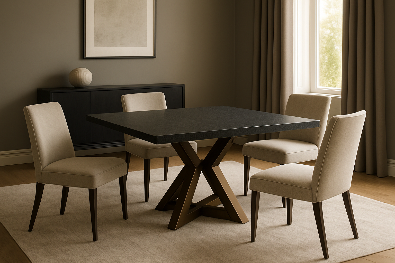 Salle à manger avec une table carrée noire et quatre chaises beiges rembourrées sur un tapis.