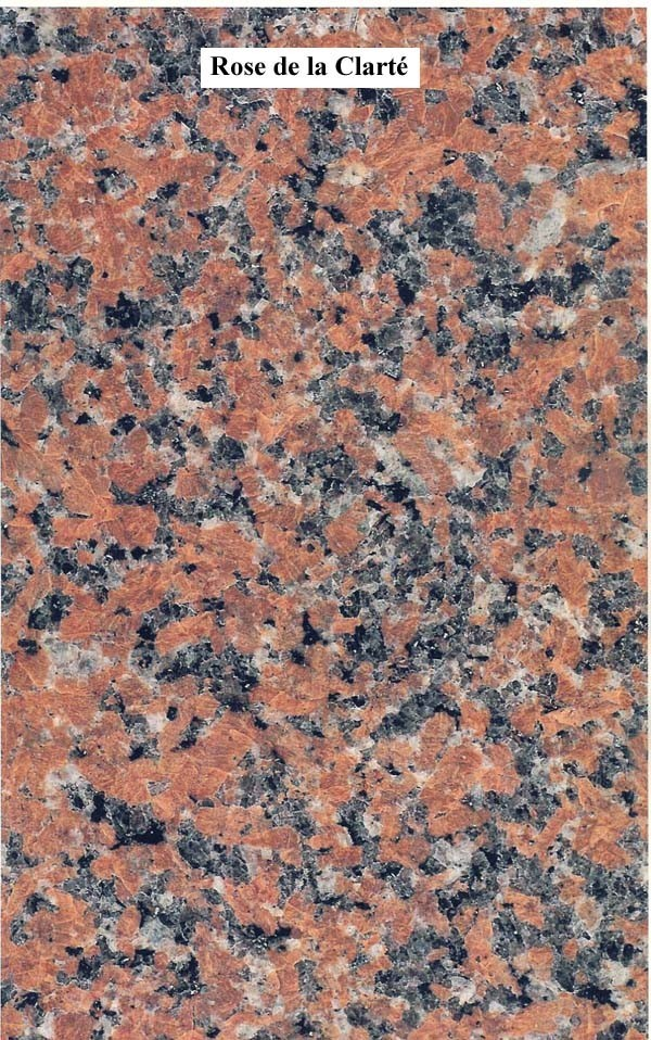 Granit Rose de la Clarté, rose rougeâtre moucheté de gris foncé et de noir.
granit rose clarté ou granit rose de la clarté, granit Français 