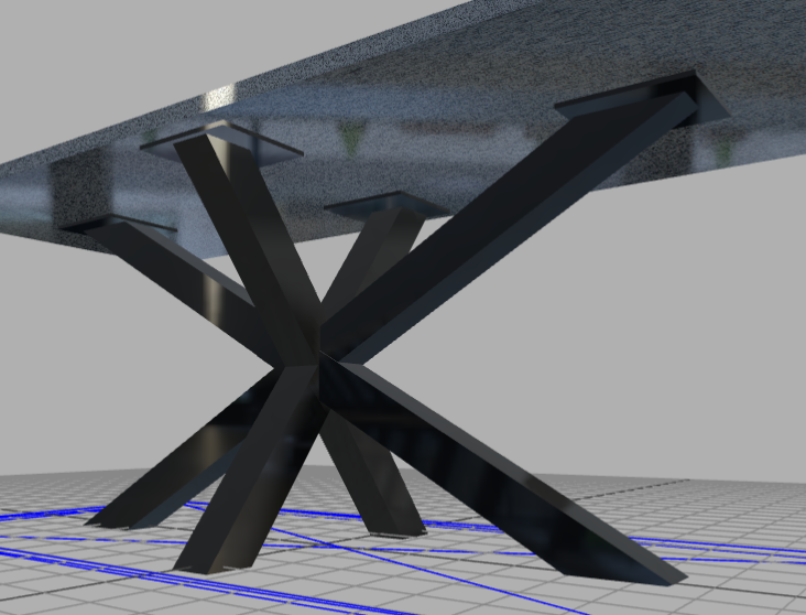 Base de table en métal noir supportant un plateau en verre transparent.