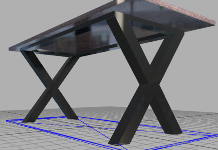 Bureau en bois foncé avec pieds croisés sur une surface grillagée.