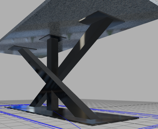 Table grise avec pieds en métal foncé en forme de X, vue de dessous.