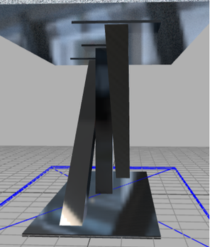 Sculpture abstraite avec des rectangles sombres et réfléchissants et des étagères horizontales sur une surface quadrillée.