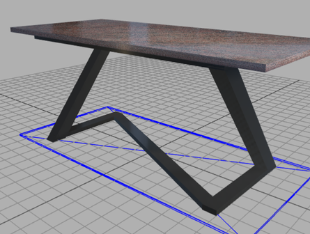 Une table moderne avec un plateau tacheté de marron et des pieds en métal noirs et inclinés sur un fond quadrillé.