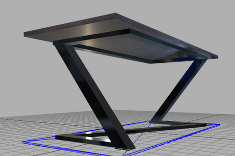 Table moderne noire et argentée avec pieds inclinés, sur fond gris clair.