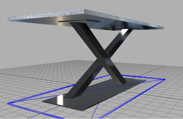 Table moderne avec plateau en pierre grise et piètement croisé noir.