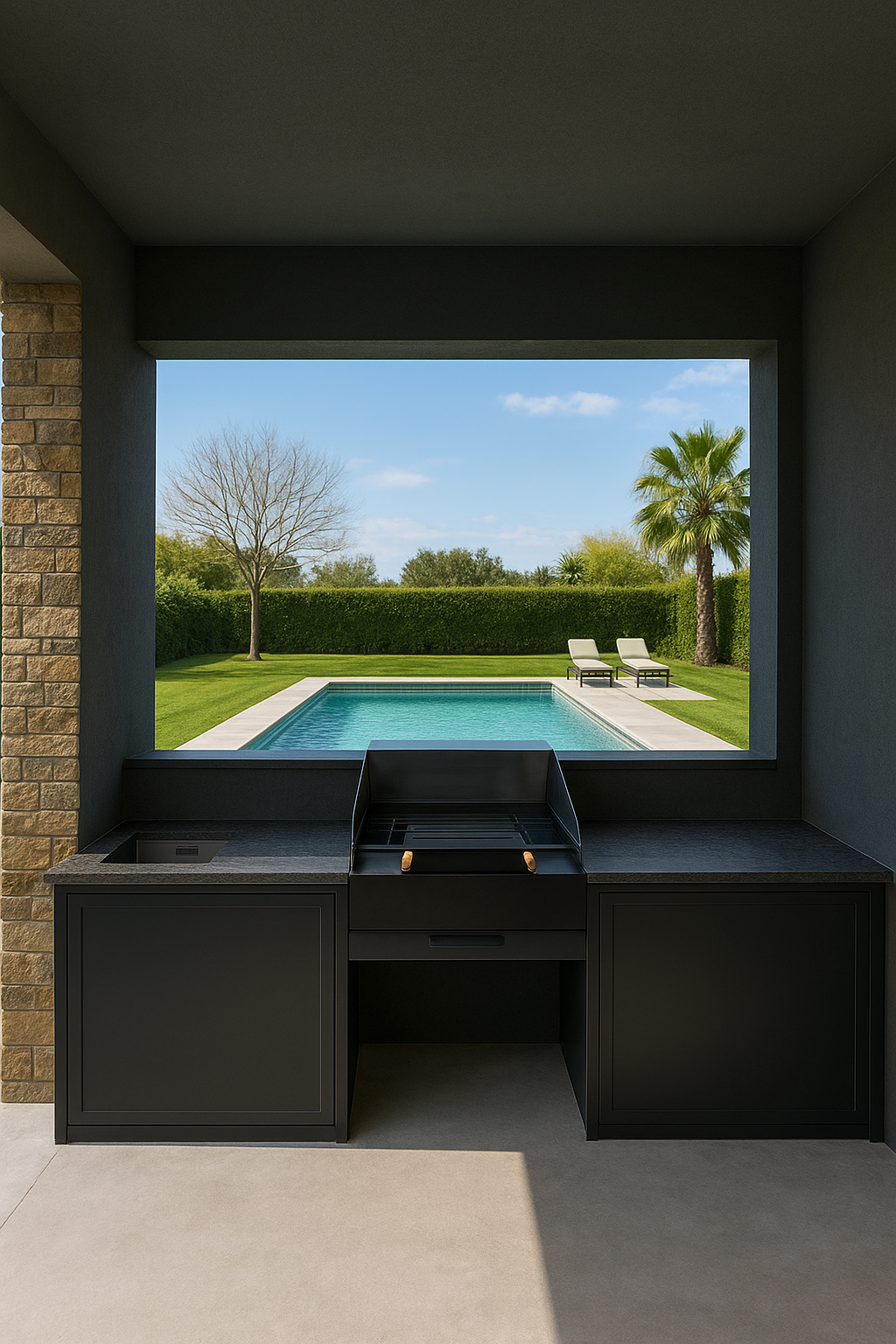 Installation d'un barbecue extérieur : une plancha est posé sur une surface en granit avec une ouverture et vue piscine.