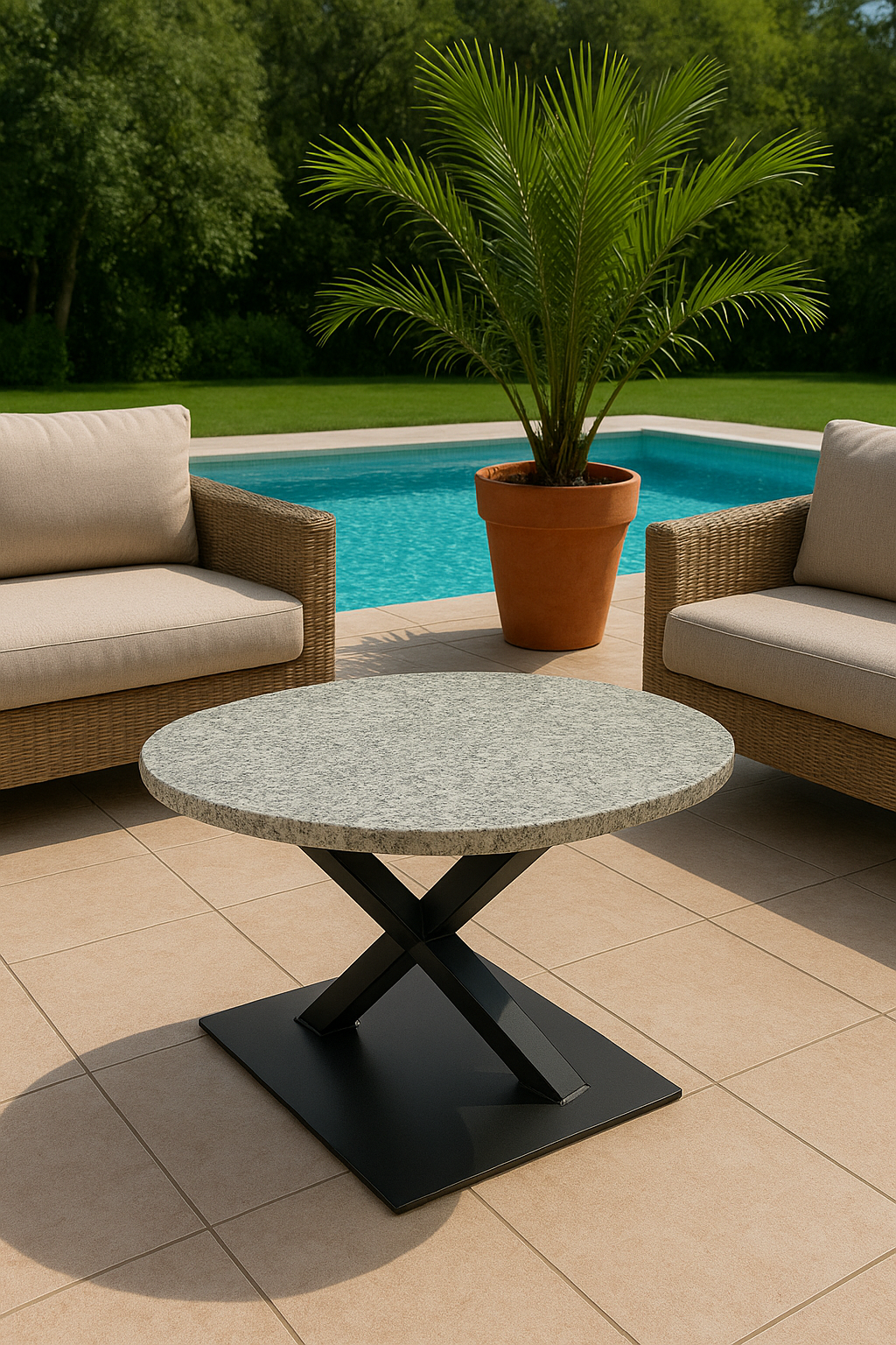 Terrasse extérieure avec une table basse en pierre, deux chaises en osier, un palmier en pot et une piscine.