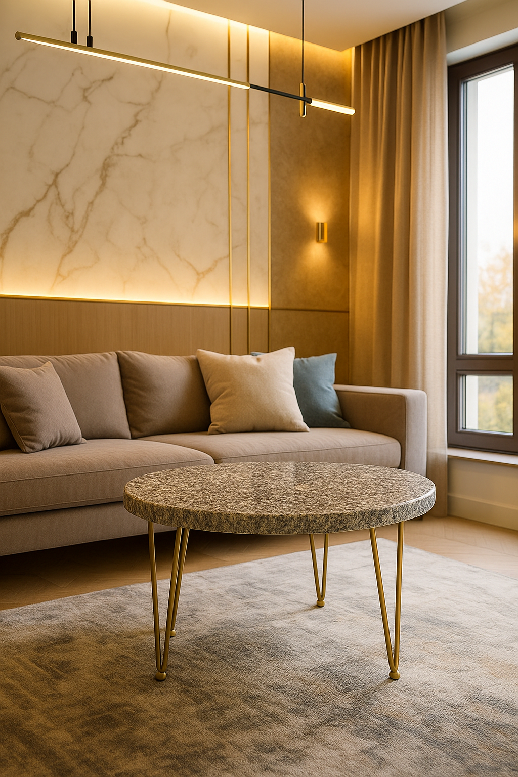 Salon beige avec un canapé, une table basse, un mur en marbre et une fenêtre.