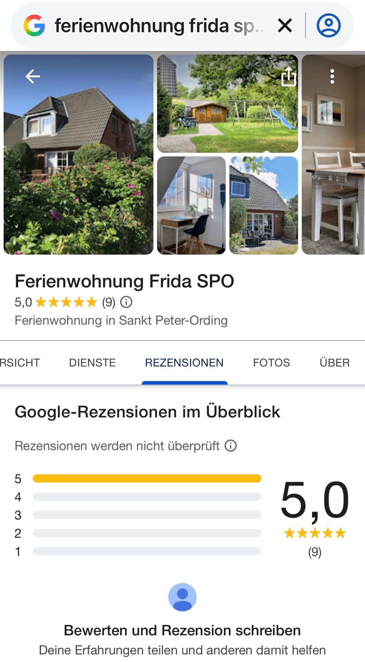 Ferienwohnung Frida SPO bewertet mit 5,0 auf Google