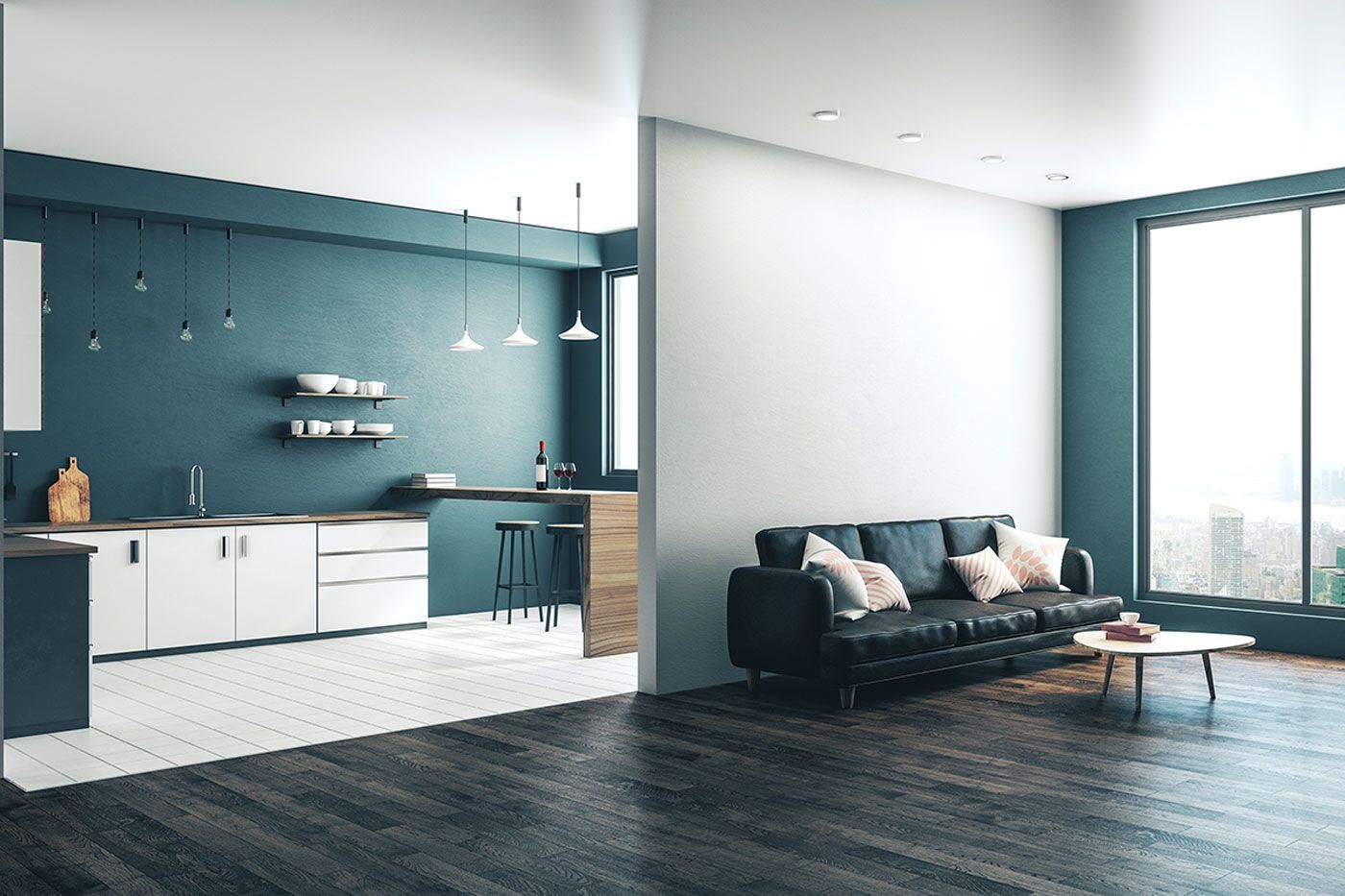 Cuisine et salon séparés par une cloison