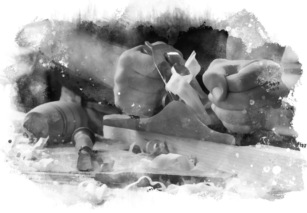 Photo en noir et blanc d'un ébéniste au travail avec des effets de peinture à l'eau