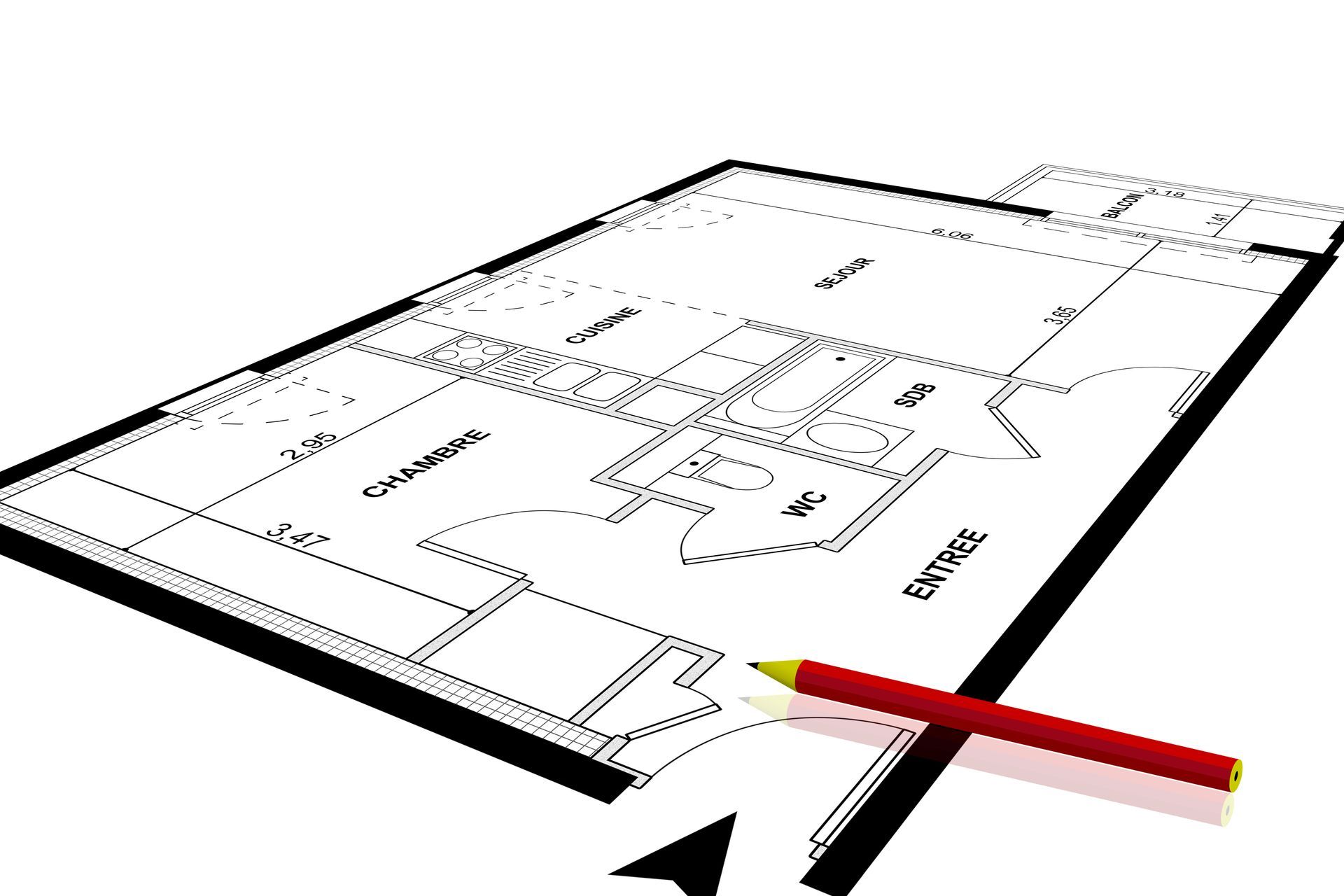 Illustration d'un plan d'appartement et crayon à papier