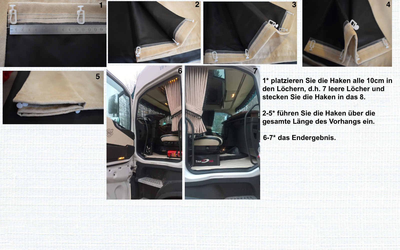 Eine Collage aus Fotos, die zeigt, wie man Vorhänge in einem Lieferwagen anbringt.