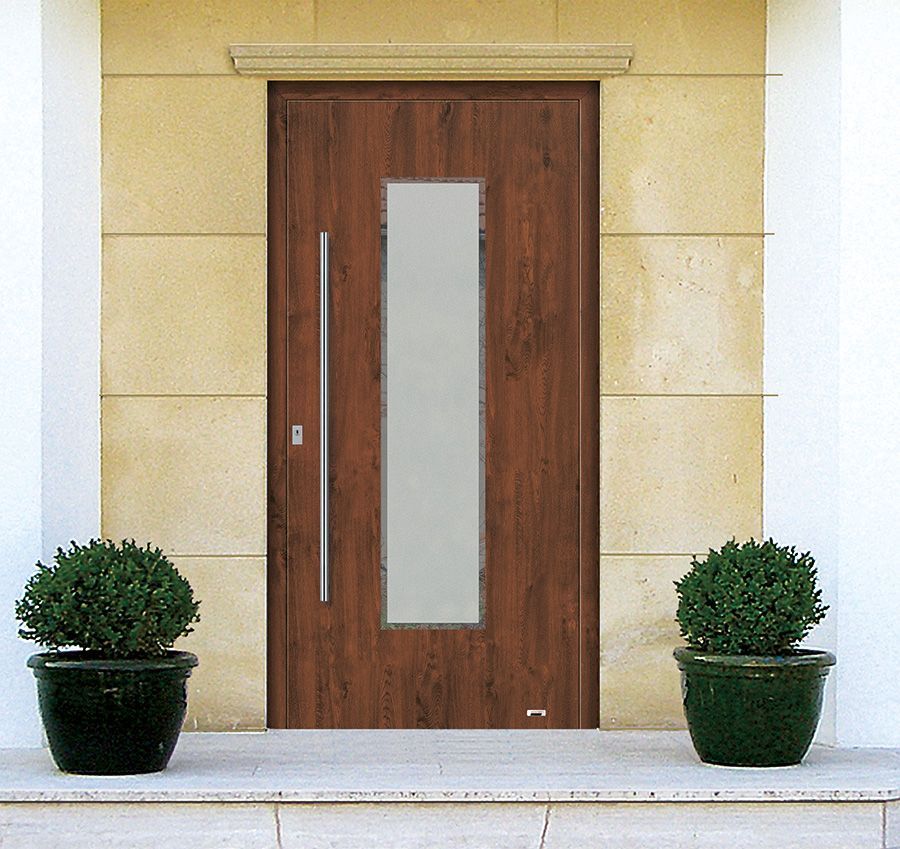 Eine Holztür mit zwei Topfpflanzen davor