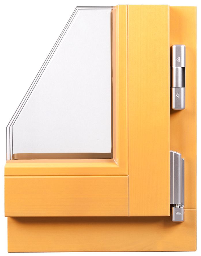 Ein gelbes Fenster mit einem Edelstahlscharnier