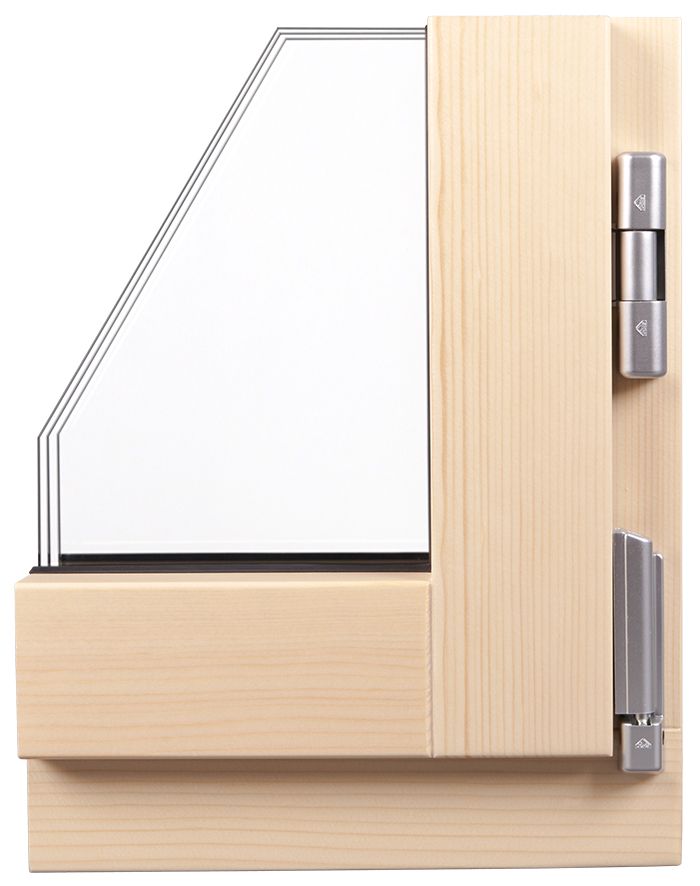 Ein Holzfenster mit einem Edelstahlscharnier
