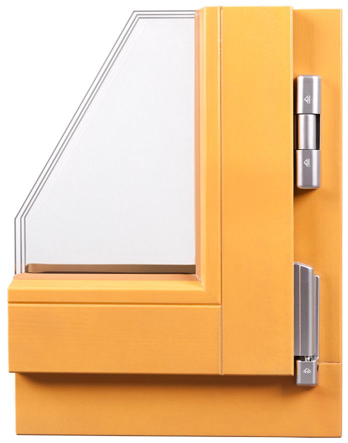 Eine Nahaufnahme eines gelben Fensters mit einem Scharnier aus Edelstahl