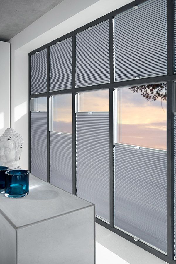 Ein Raum mit vielen Fenstern mit Jalousien