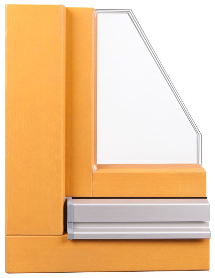 Eine Nahaufnahme eines Fensters mit einem gelben Rahmen und einem klaren Glasfenster.